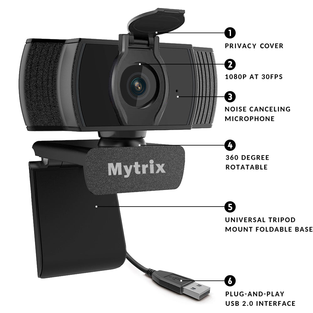 Mytrix Auto Focus Full HD 1080P Webcam with Privacy Cover, Built-in Noise Cancelling Mic, USB Webcam for Windows Mac PC Laptop Desktop Video Calling Conferencing Streaming, Skype Zoom Facebook YouTube Black Mytrix Auto Focus Full HD 1080P Webcam with Privacy Cover, Built-in Noise Cancelling Mic, USB Webcam for Windows Mac PC Laptop Desktop Video Calling Conferencing Streaming, Skype Zoom Facebook YouTube Black